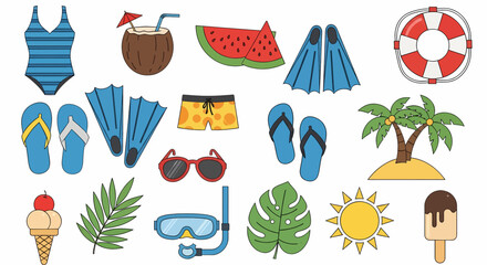 Adobe illustrator vector flat style illustration of a vibrant collection of summer-themed icons, including flip-flops, a bikini, watermelon slice, beach ball, sun, ice cream, a tropical drink, luggage