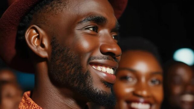 Joyful crowd reacting to live performance with laughter and smiles