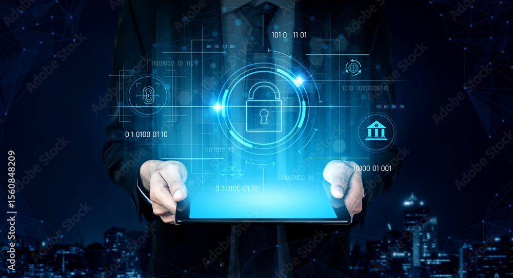 Poster cybersecurity system interface with biometric lock and data protection. cybersecurity protects acces