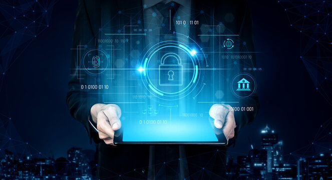 Cybersecurity system interface with biometric lock and data protection. Cybersecurity protects access, identity, cyber security prevents threats, and cyber security supports digital systems. Vouch - Powered by Adobe
