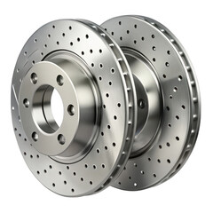 Pair of high performance drilled and slotted brake rotors isolated on transparent background
