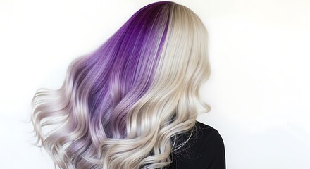 A beautiful woman with trendy hairstyle, blonde hair and bright purple highlights. The colors create a stunning visual effect.