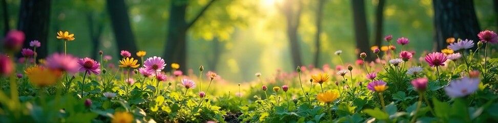 Obraz premium Sun-Dappled Wildflowers Bloom in Lush Forest, Magical Spring Scene of Natural Beauty
