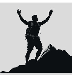 Black and White Silhouette of Fit Hiker on Mountain Summit with Backpack and Raised Hands Expressing Victory and Exploration Spirit