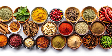 An array of spices arranged in bowls on a white surface showcases vibrant colors and diverse textures. This setup offers inspiration for culinary enthusiasts and chefs alike