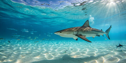 Fototapeta premium A shark glides through the crystal-clear waters, surrounded by shimmering fish. Sunlight filters down, illuminating the vibrant underwater world on a beautiful day