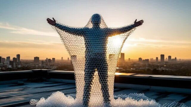 A person fully covered in bubble wrap stands on a rooftop at sunset with arms wide open. Conceptual scene symbolizing vulnerability, emotional protection, and paradoxical freedom.