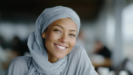 Smiling Woman in Hijab at Cafe Setting. Video featuring a cheerful woman in a light blue hijab smiling warmly in a cozy cafe environment, ideal for lifestyle and cultural promotions. - Powered by Adobe