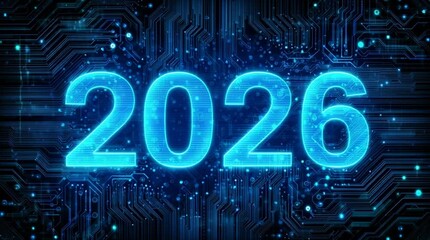 greeting card 2026 blue technology and digital theme, christmas and new year, festive atmosphere, number text - Powered by Adobe