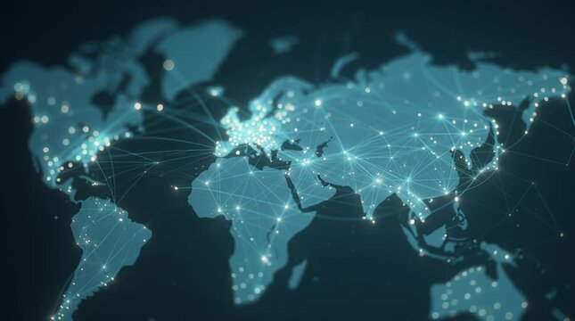 Animated flat world map with glowing lines connecting major cities &ndash; digital communication network, abstract global data flow, minimalist tech visualization