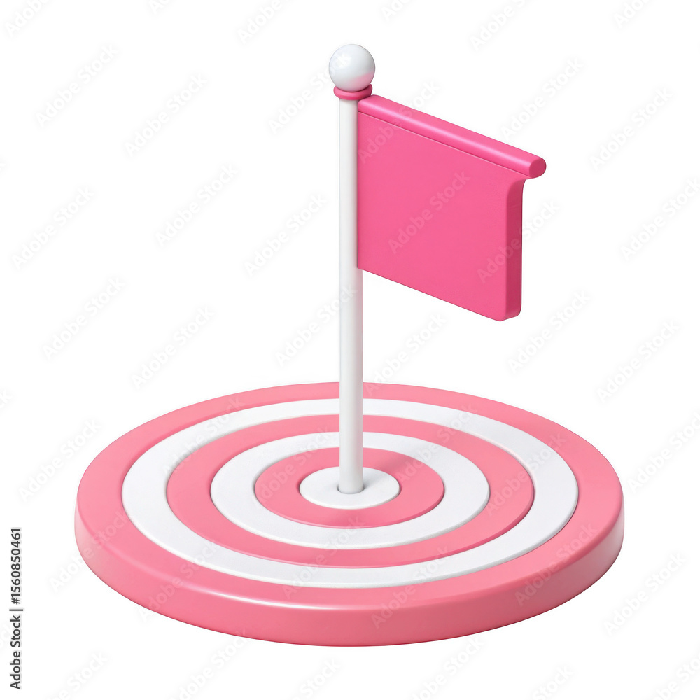 Poster 3d pink target with flag isometric 3d render isolated on transparent background
