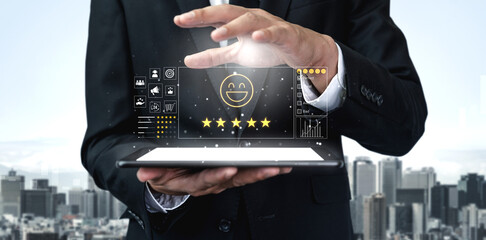 Customer feedback and satisfaction rating system showing star review, happy face, performance...