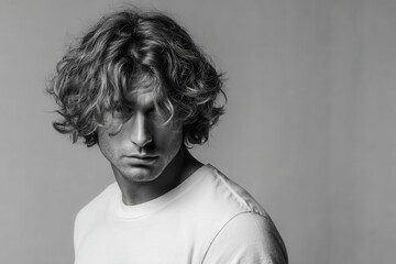 portrait of skateboarder with serious expression positioned on left side of frame