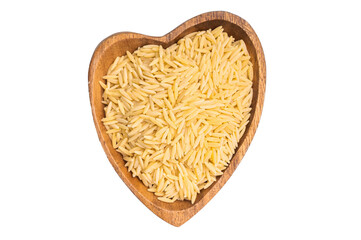 Raw Orzo pasta, uncooked dry Italian risoni in a bowl isolated on white background. top view