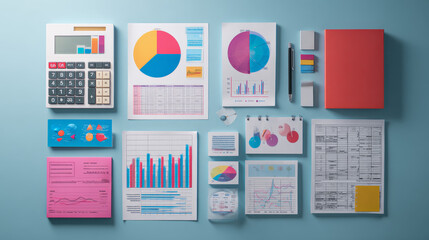 Flat Lay of Calculator, Charts and Business Reports at Top view of a desk covered with a calculator, colorful pie charts, bar graphs, and printed reports