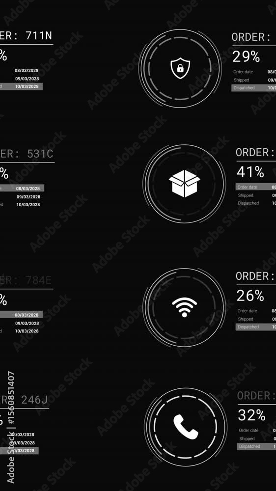Poster animation of icons with data processing on black background