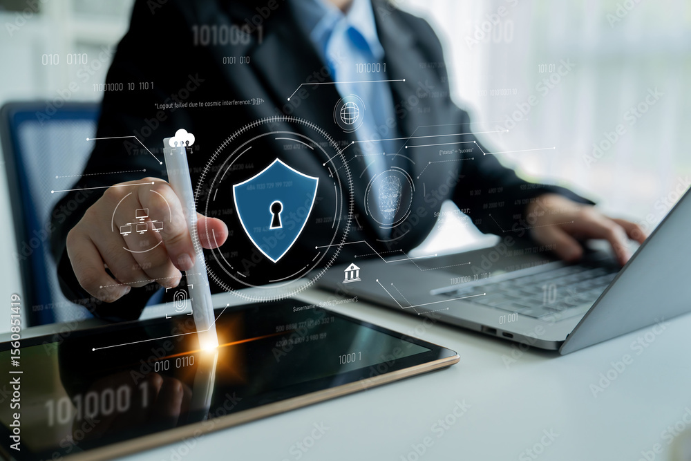 Poster cyber security interface with biometric and ai-powered protection system. cyber security secures acc