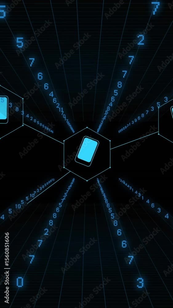 Poster animation of data processing with icons on black background