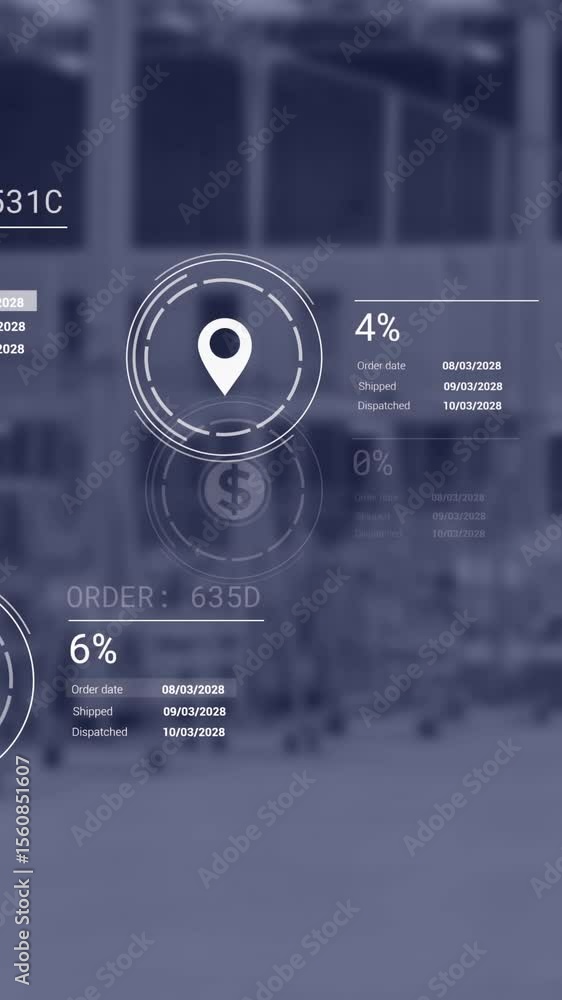 Poster animation of icons with data processing over warehouse