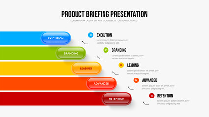 Service Introduction Five Step Infographic Slide Layout. Sales Report 5 Element Diagram Frame Design. Project Performance Presentation Template Vector Illustration.