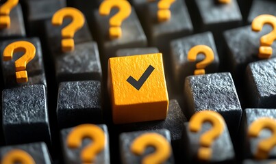An orange check mark among many question marks. Correct answer. Task completion. Open achievement. Many unknown things and challenges. Fulfillment of requirements.


