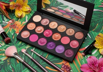 Vibrant Eyeshadow Palette and Makeup Brushes on Tropical Background