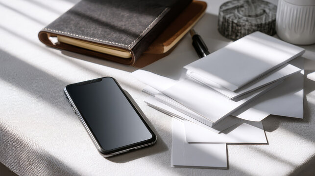 Minimalist Office Desk with Smartphone and Business Cards â†’ White desk showing a smartphone, scattered business cards, and a leather-bound notebook 