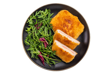 Chicken cordon bleu cutlet with cheese and ham on plate with salad isolated on white backgroun