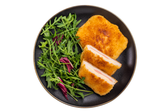 Chicken cordon bleu cutlet with cheese and ham on plate with salad isolated on white backgroun