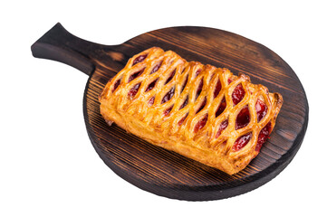 Danish pastry with a strawberry and cream cheese filling, isolated on white background. top view