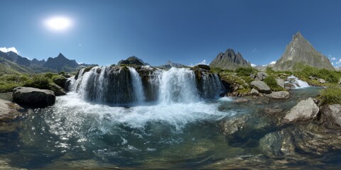 Fototapeta premium Cascading waterfall adventure scenic mountains hdr 360 degrees hdri