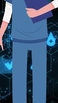 Animation of medical icons and female nurse with clipboard on black background