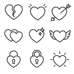 Heart Icon Set. Outline style icons of Heart Icons Silhouette: broken heart, beating heart, arrow through heart, layered hearts,