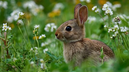 Fototapeta premium A rabbit sitting in a field of green grass and white flowers looking to the left side