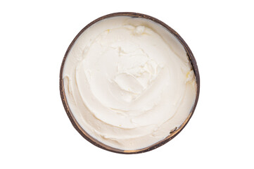 Mascarpone Italian cream cheese in wooden bowl isolated on white background. top view