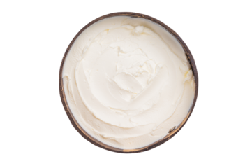 Mascarpone Italian cream cheese in wooden bowl isolated on white background. top view