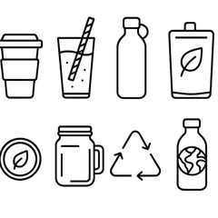 Eco Drinkware Icons. Outline style icons of Eco Drinkware Silhouette: reusable bamboo cup, paper straw in glass, stainless steel