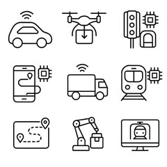 AI Transportation Icons. Outline style icons of AI in Transportation: autonomous car, drone delivery, smart traffic system, AI