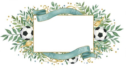 Decorative frame with soccer balls and leafy elements, featuring a ribbon for text