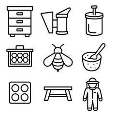 Fototapeta premium Beekeeping Tools Icons. Outline style icons of Beekeeping: beehive box, bee smoker, honey extractor, beekeeper suit, honeycomb