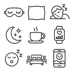 Sleep Health Icons. Outline style icons of Sleep Health: sleep mask, night pillow, sleeping person icon, crescent moon with stars,