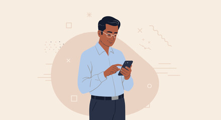 a man in a blue shirt and glasses using a smartphone, with abstract geometric shapes in the background. Suitable for landing page, banner, marketing, web design, presentation, infographic, etc.