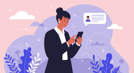 a woman in a business suit engrossed in her phone, surrounded by a whimsical, plant-like background. Suitable for landing page, banner, marketing, web design, presentation, infographic, etc.