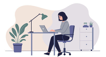 a woman sitting at a desk using a laptop, with a lamp, plant, and filing cabinet in the background. Suitable for landing page, banner, marketing, web design, presentation, infographic, etc.