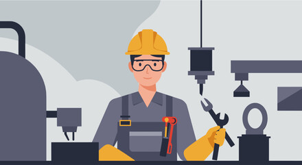 A male engineer in safety gear diligently works on industrial machinery inside a modern factory, presented as a clean flat design illustration.