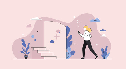 a woman walking past a doorway with a smartphone in her hand. Suitable for landing page, banner, marketing, web design, presentation, infographic, etc.