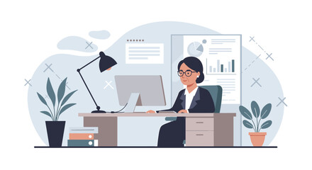 a woman in a business suit working at a desk with a computer, surrounded by office supplies and plants. Suitable for landing page, banner, marketing, web design, presentation, infographic, etc.
