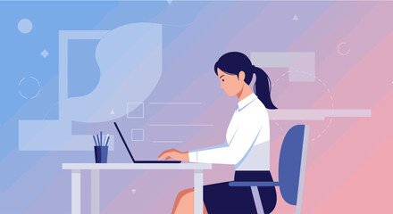 A woman is seated at a desk, focused on her laptop, with a cup of pens and a computer mouse nearby. Suitable for landing page, banner, marketing, web design, presentation, infographic, etc.