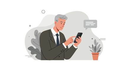 a man in a suit using a smartphone, with a potted plant and a speech bubble containing text in the background. Suitable for landing page, banner, marketing, web design, presentation, infographic, etc.