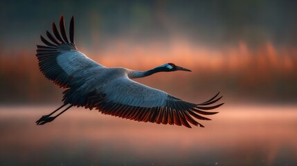 Graceful crane soars over a tranquil lake during sunrise, a beautiful display of avian nature in flight.